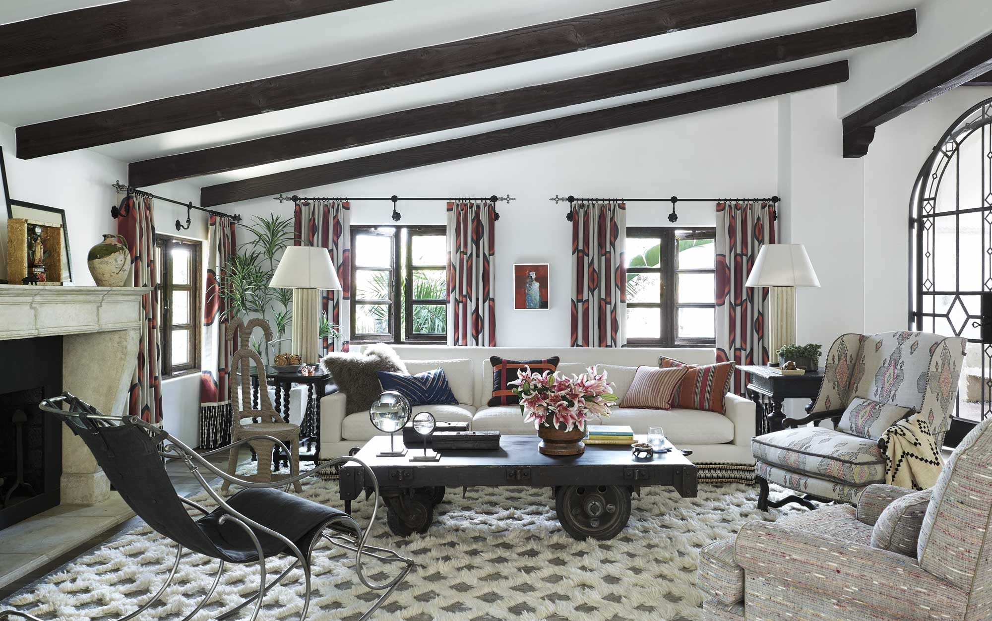 beamed ceiling contemporary living room
